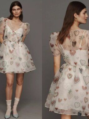 Anthropologie FARM Rio Semi-Sheer Puff-Sleeve Mini Dress Size S Heart Print NWT